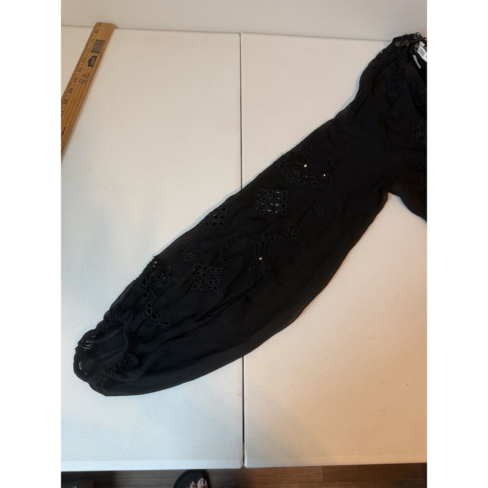 Zara ZW Collection Black Embroidered Beaded Blouse M Chiffon Sequin Crop Top - Picture 11 of 11